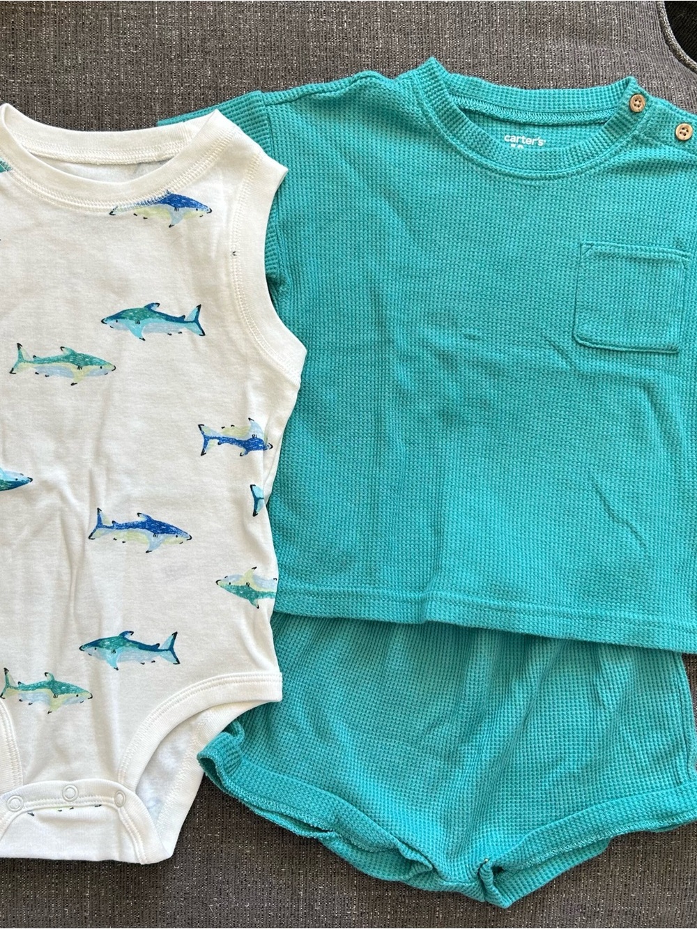 5/$25 Carter's Teal Waffle Knit Top/Shorts & Shark Print Onesie Size 12-18M